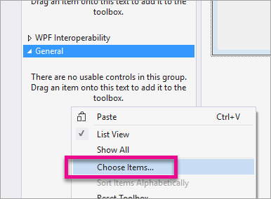 Capture d'écran de la boîte à outils de Visual Studio, mettant en évidence l'option Choisir des éléments.