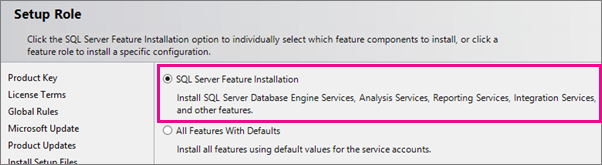 Installation des fonctionnalités SQL Server pour le rôle d’installation