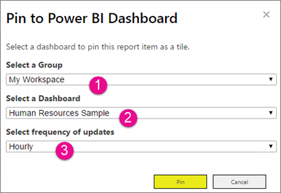 Capture d'écran de la boîte de dialogue Épingler au tableau de bord Power BI.