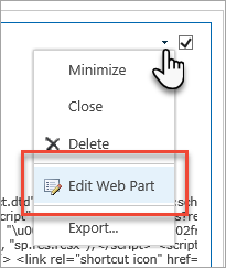 Capture d’écran du menu flèche vers le bas, mettant en évidence Modifier le composant WebPart.