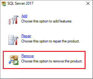 Capture d'écran montrant comment supprimer SQL Server.