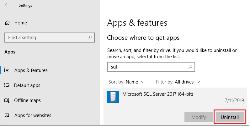 Screenshot montrant comment désinstaller SQL Server.