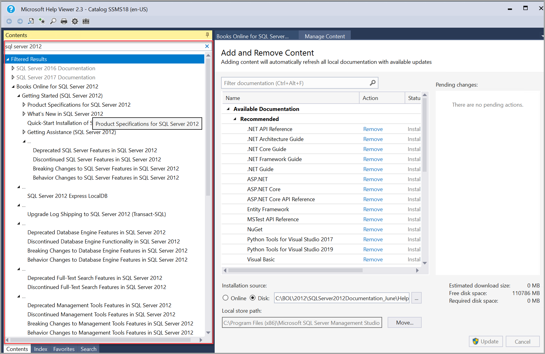 Screenshot of SQL Server 2012 documentation automatically updated.
