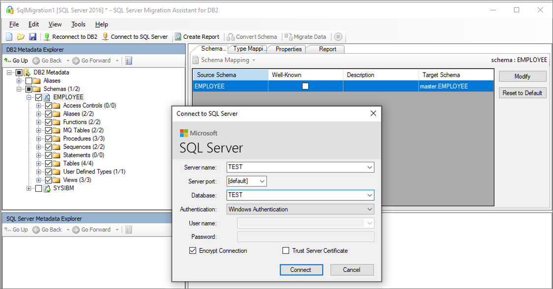 Capture d’écran du volet Se connecter à SQL Server dans SSMA pour Db2.