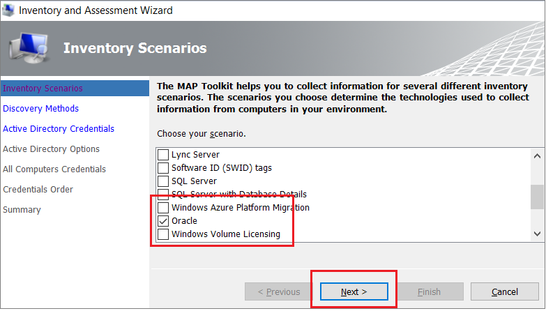Screenshot of the Oracle option and Next button in the Inventory and Assessment Wizard.