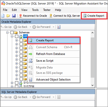 Capture d’écran des liens «&nbsp;Créer un rapport&nbsp;» dans l’explorateur de métadonnées Oracle.