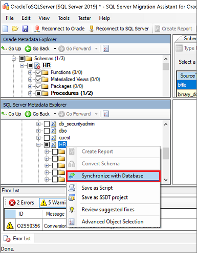 Capture d’écran de la commande «&nbsp;Synchroniser avec la base de données&nbsp;» dans le volet Explorateur de métadonnées SQL Server.