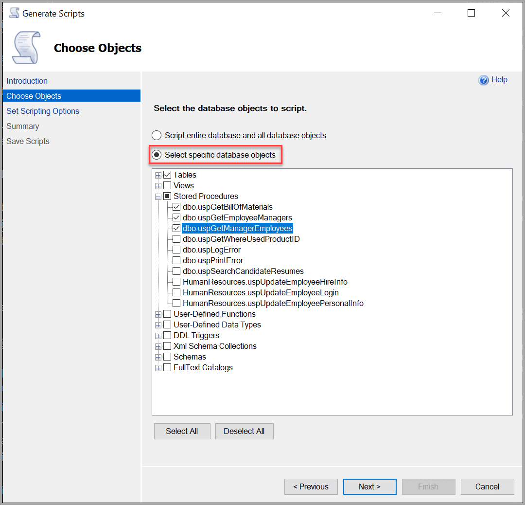 Sélectionner les objets à inclure dans le script