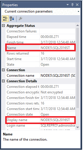 Capture d'écran du nom de l'instance du serveur SQL dans la fenêtre Propriétés.