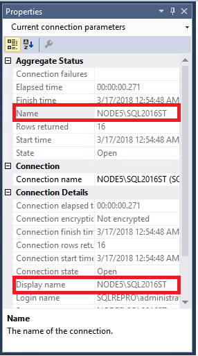 Nom de l’instance SQL Server dans la fenêtre Propriétés