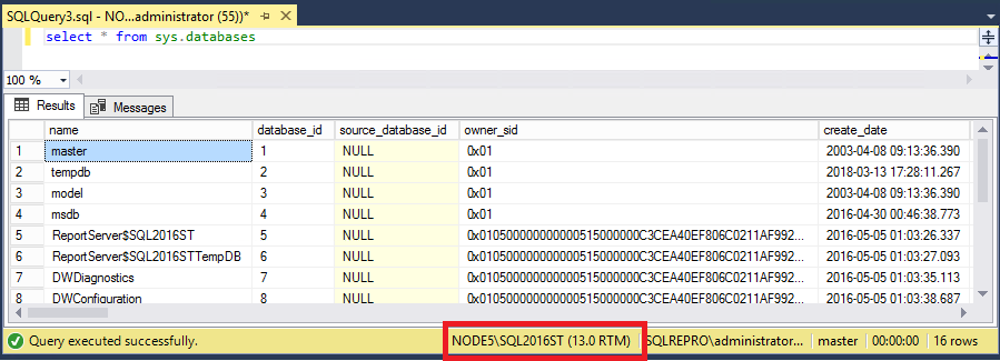 Nom de l’instance SQL Server dans la fenêtre de requête