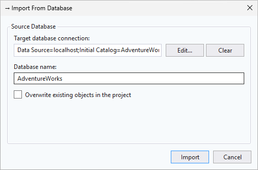 Capture d’écran de la boîte de dialogue Importer une base de données dans SSMS.
