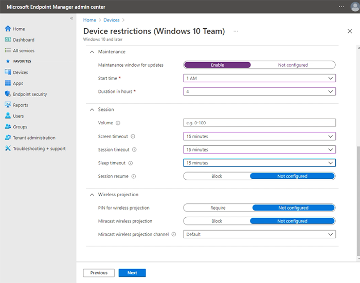 Configurez Surface Hub paramètres avec Intune profil de restriction d’appareil.