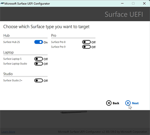 * Choisissez Surface Hub 2S comme cible pour le package de configuration UEFI *.