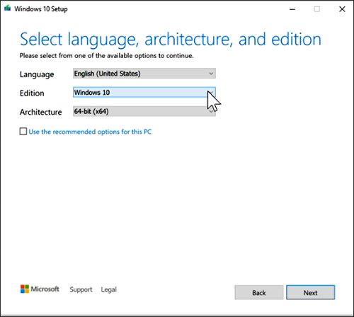 Capture d’écran montrant où vous sélectionnez la langue, l’édition OS et le type d’architecture.