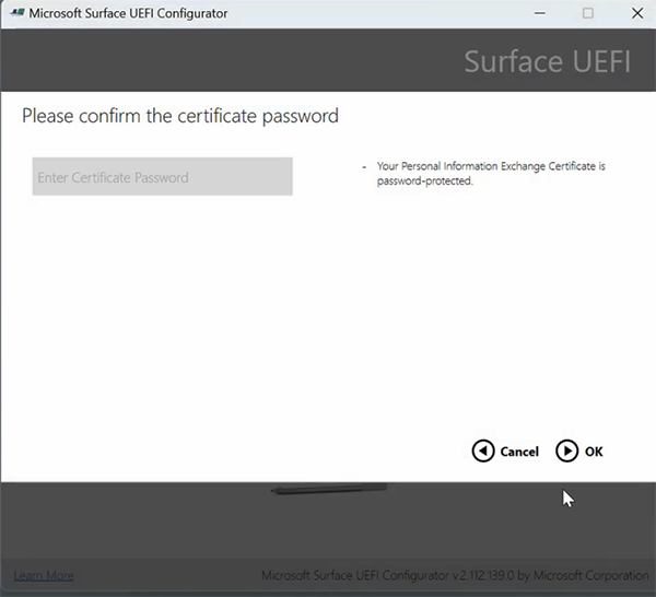 Capture d’écran montrant l’écran permettant d’entrer le mot de passe de la clé privée du certificat.