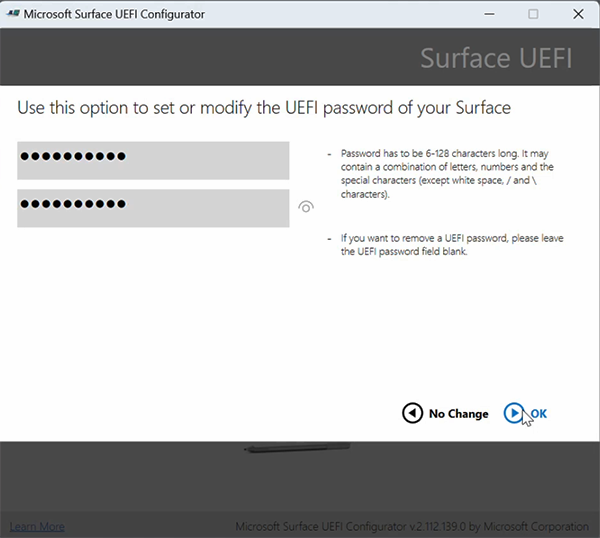 Capture d’écran montrant l’écran de définition du mot de passe UEFI