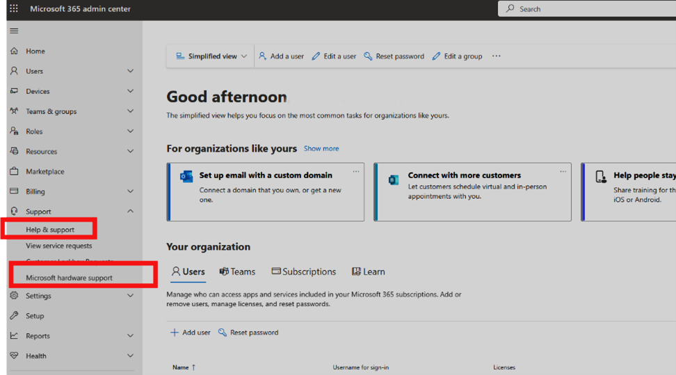 Capture d’écran de Administration Microsoft 365 Center.