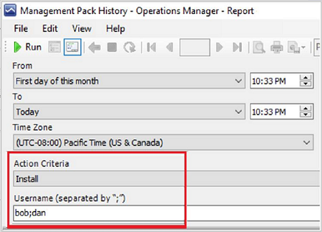 Capture d’écran de l’historique du pack d’administration.