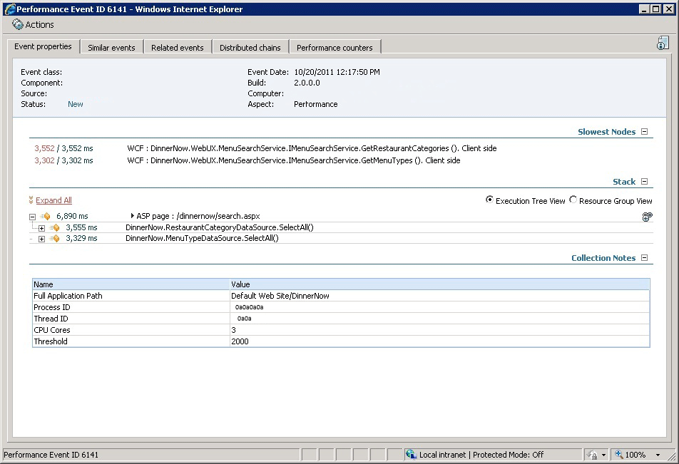 Capture d’écran montrant l’onglet Propriétés de l’événement Diagnostics d’application.