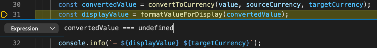Screenshot of setting a conditional breakpoint in Visual Studio Code.