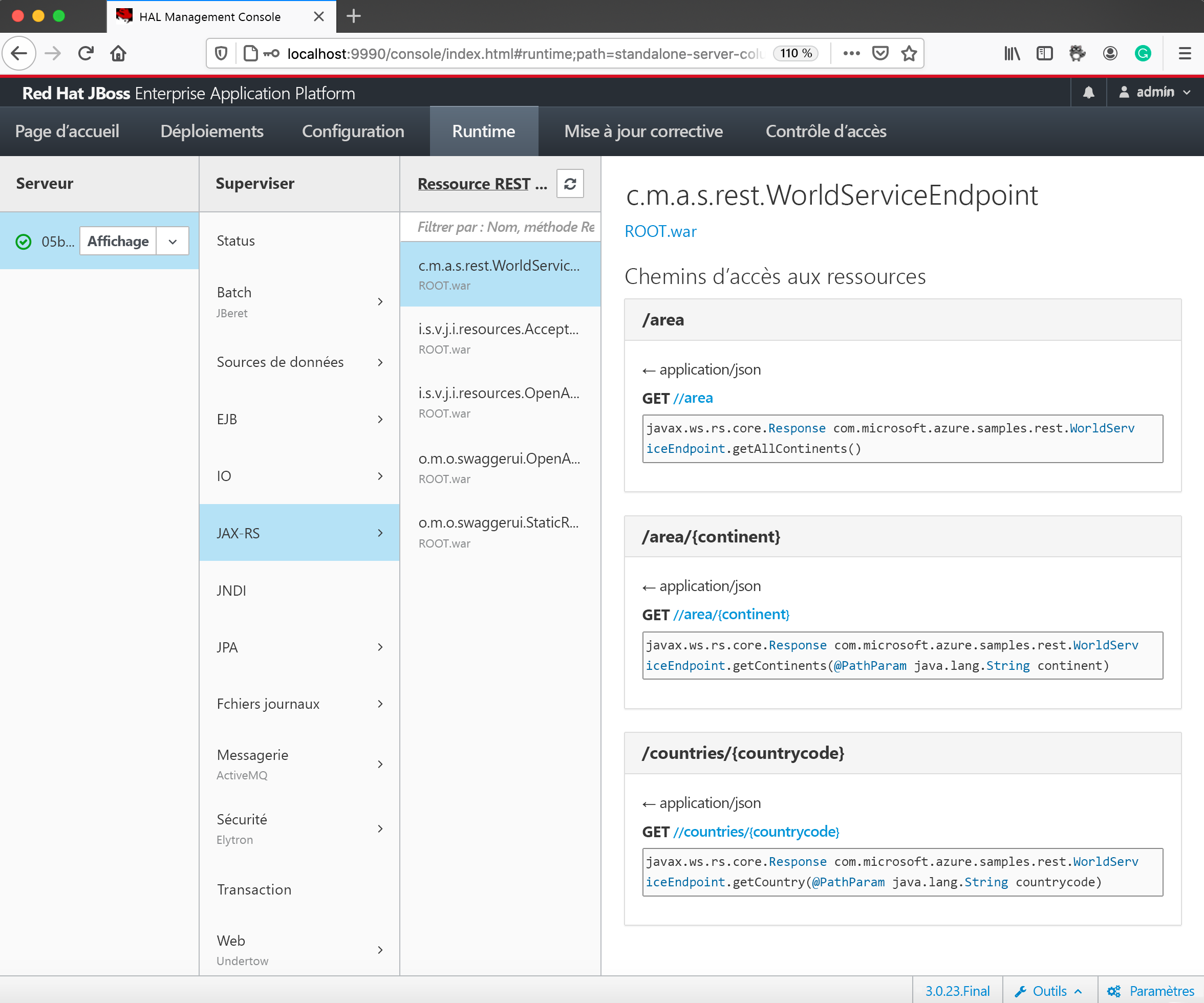 Screenshot that shows RESTful endpoints on the admin console.