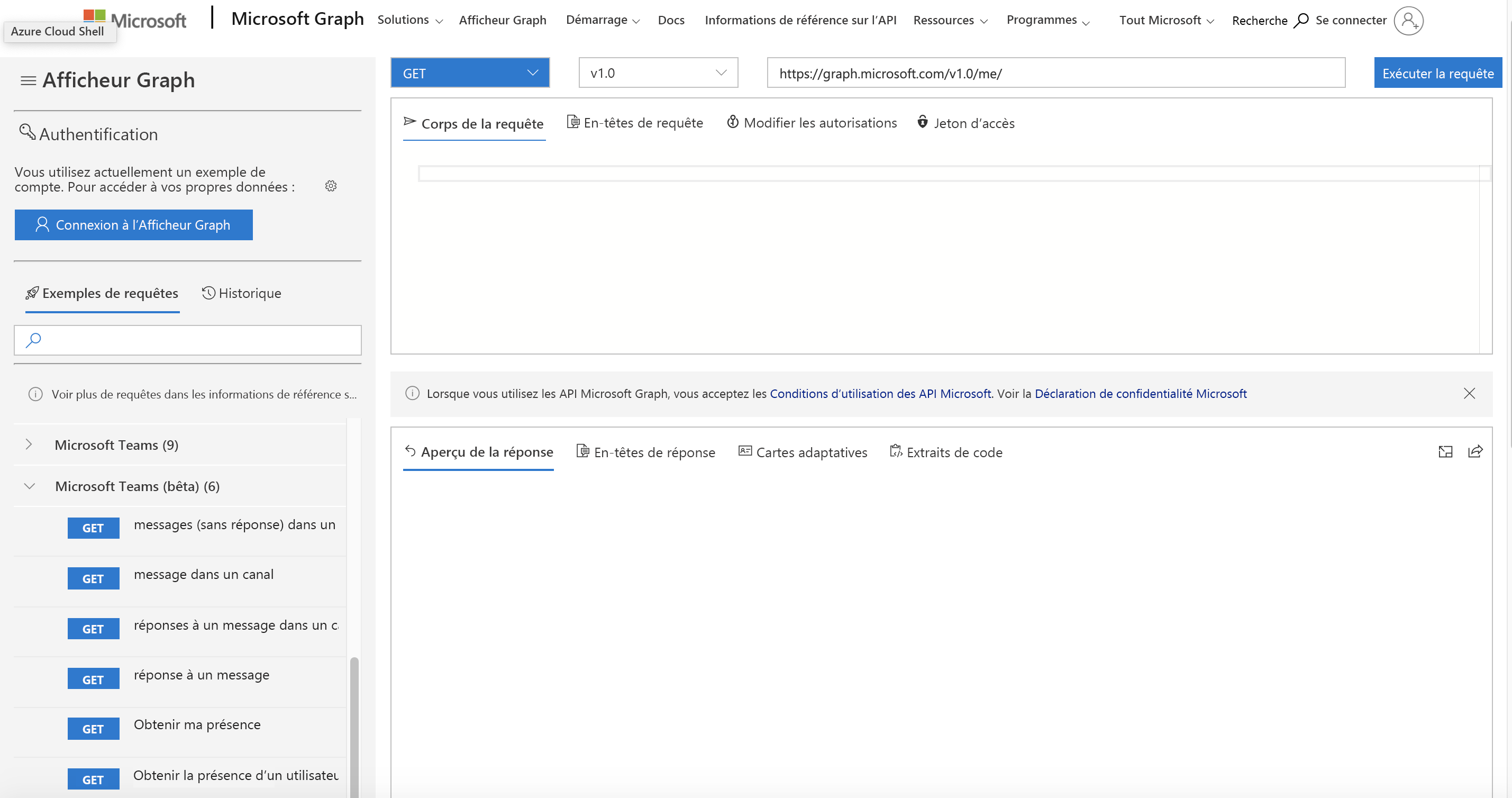 Capture d’écran de la page web de l’Explorateur Microsoft Graph.
