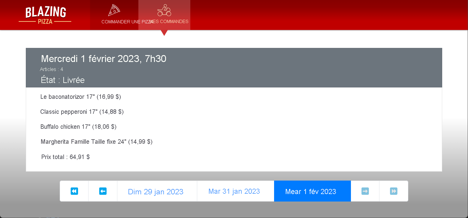 Capture d’écran de la nouvelle page d’historique des commandes.