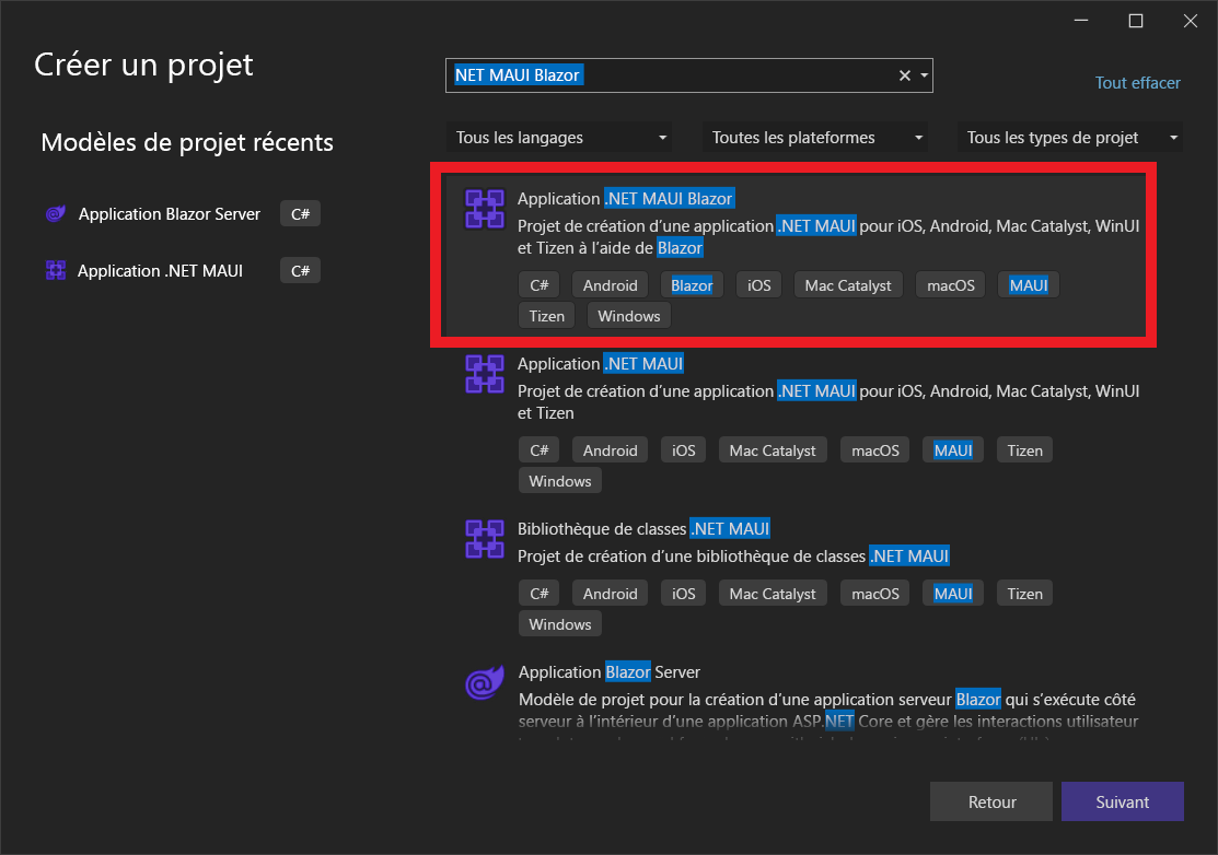 Screenshot of the Visual Studio 2022 Create New Project screen and the .NET MAUI Blazor App template.