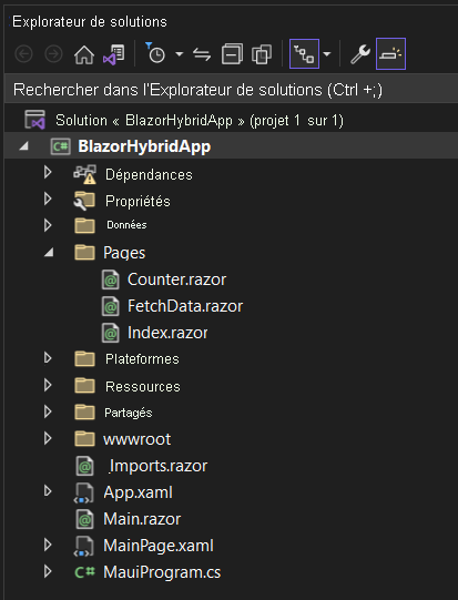 Screenshot of Visual Studio 2022 Solution Explorer with a list of the files in a default .NET MAUI Blazor project.
