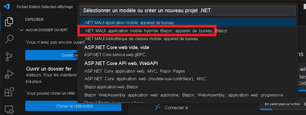 Screenshot of the Visual Studio Code Create New Project screen and the .NET MAUI Blazor App template.