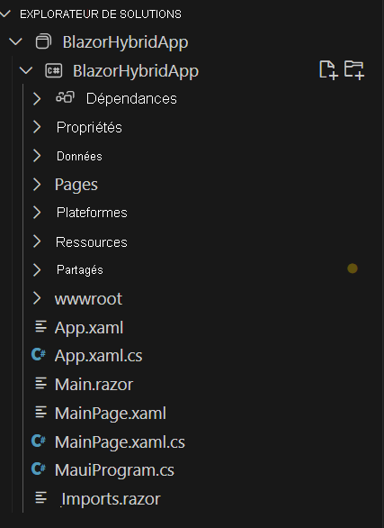 Screenshot of Visual Studio Code Solution Explorer with a list of the files in a default .NET MAUI Blazor project.