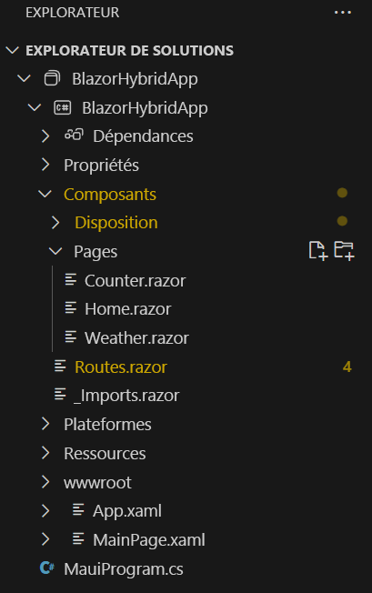 Screenshot of Visual Studio Code Solution Explorer with a list of the files in a default .NET MAUI Blazor project.