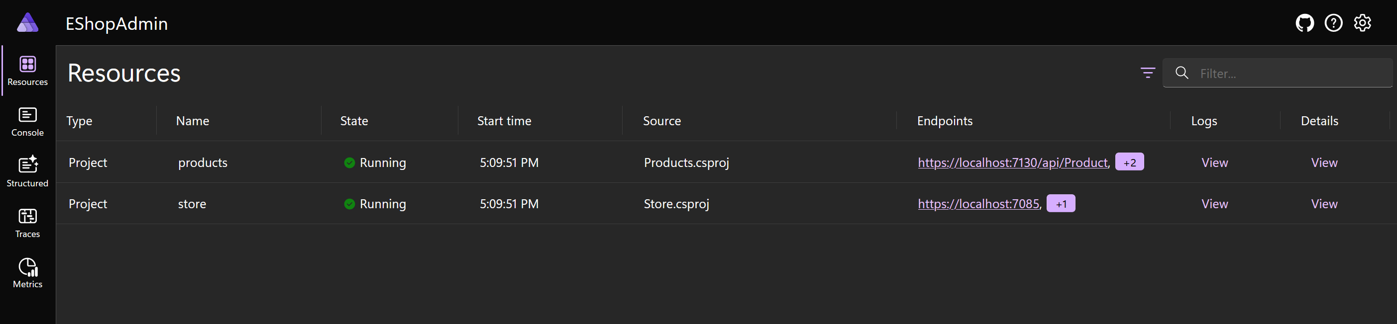 Capture d’écran du tableau de bord montrant les projets products et store.