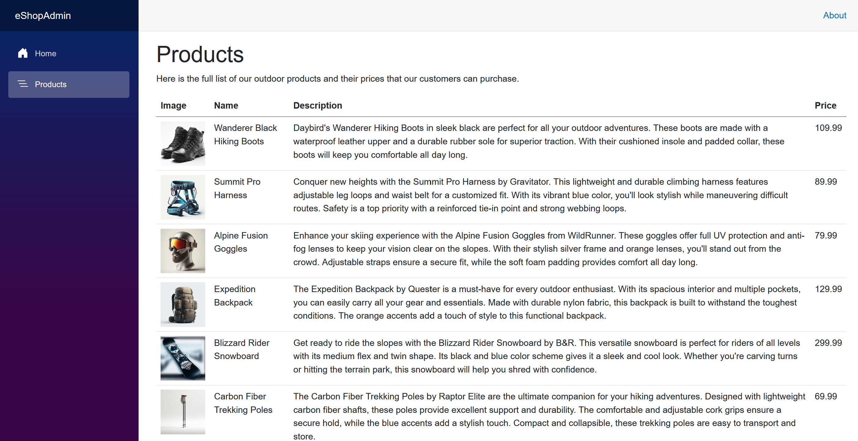 Capture d’écran montrant les produits dans l’application web.