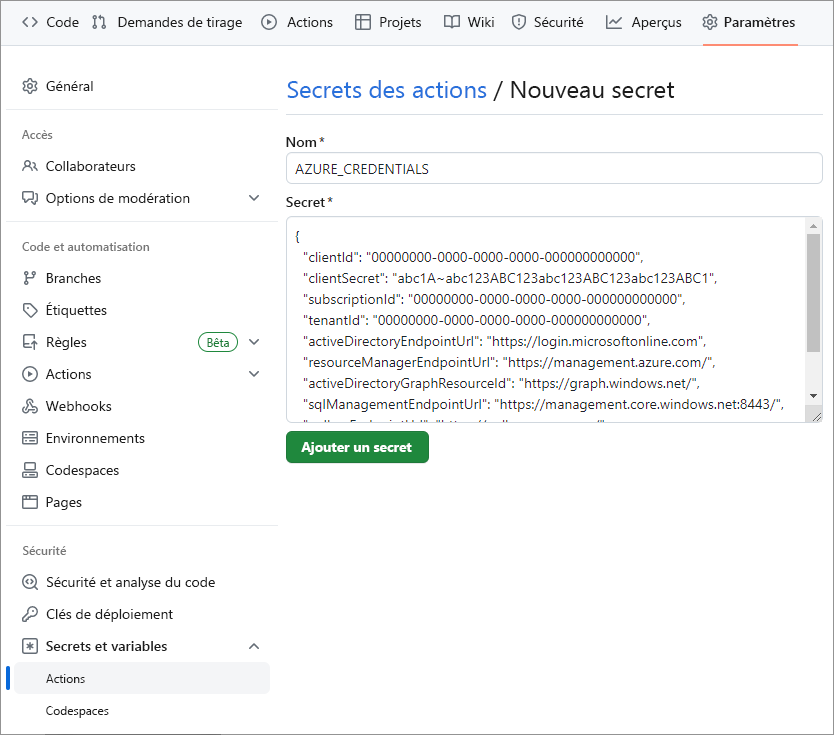 Capture d’écran de la page de nouveau secret pour définir les secrets de variable d’environnement dans GitHub.