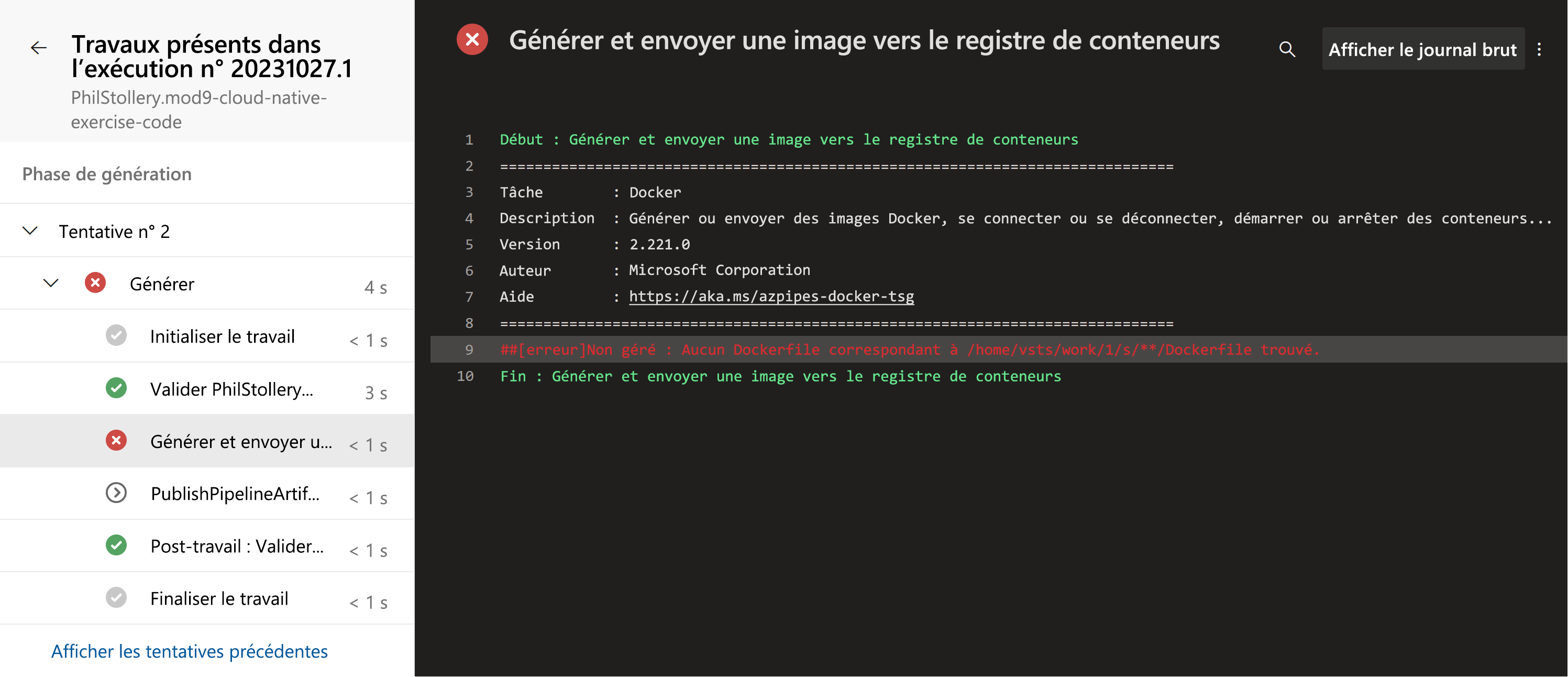 A screenshot of the build stage in a pipeline that has failed.