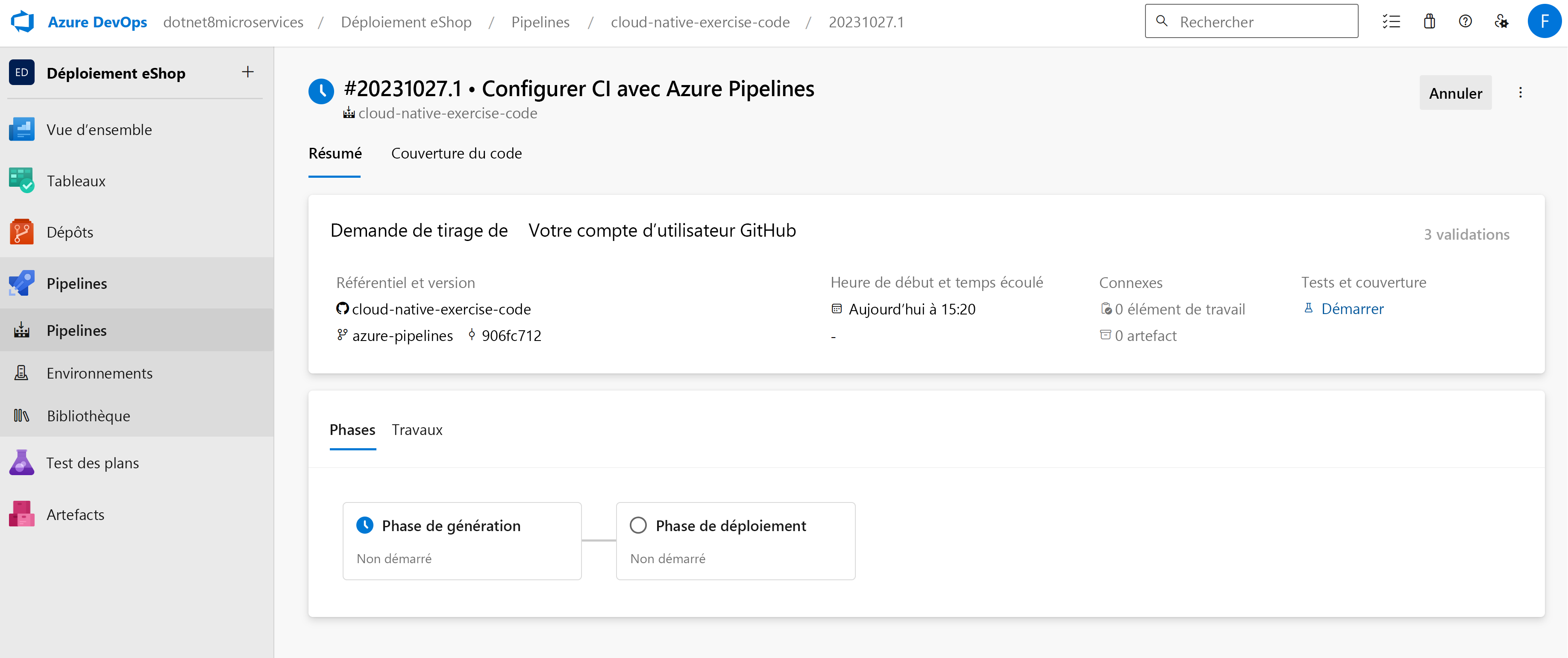 A screenshot showing the status of an Azure Pipeline.