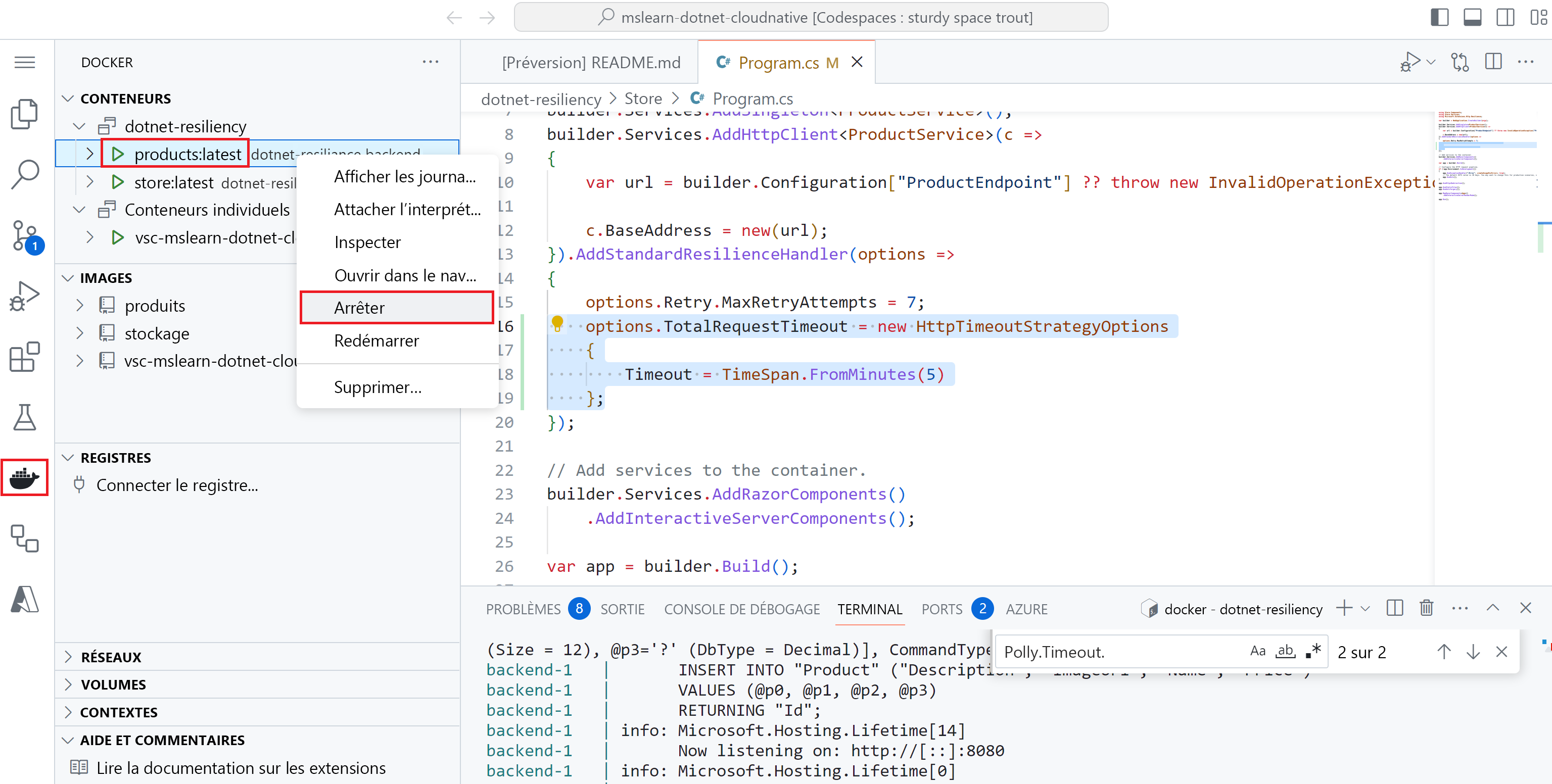 Capture d’écran de l’extension Docker montrant comment arrêter le service de produits.