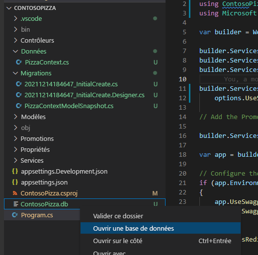 Capture d’écran montrant l’option de menu Ouvrir la base de données dans le volet Explorateur de Visual Studio Code.