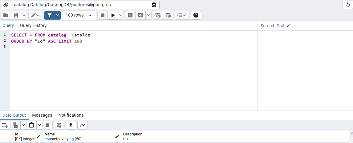 Capture d’écran de l’interface pgAdmin montrant les lignes retournées à partir de la table Catalogue.