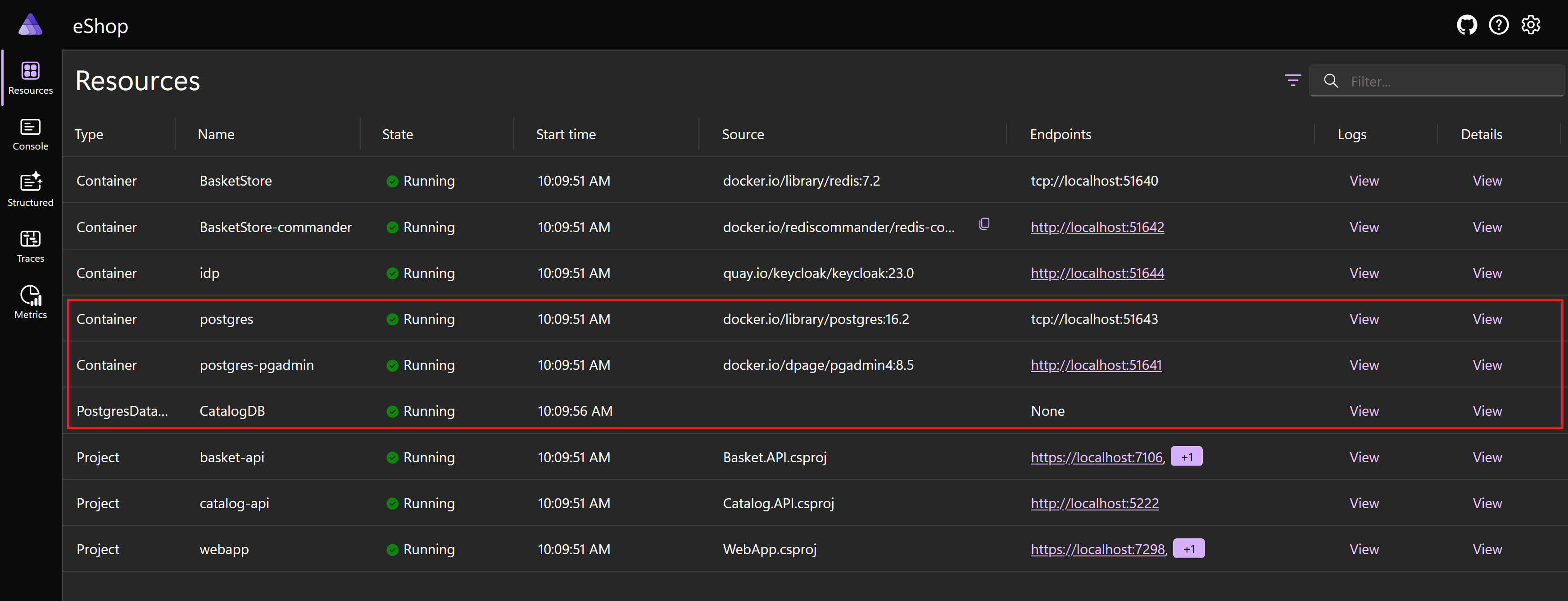 Capture d’écran montrant le tableau de bord .NET Aspire mis à jour, avec les deux nouveaux conteneurs PostgreSQL mis en surbrillance.