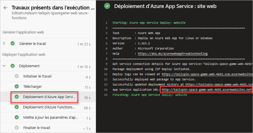 A screenshot of Azure Pipelines, showing the location of the web site URL.