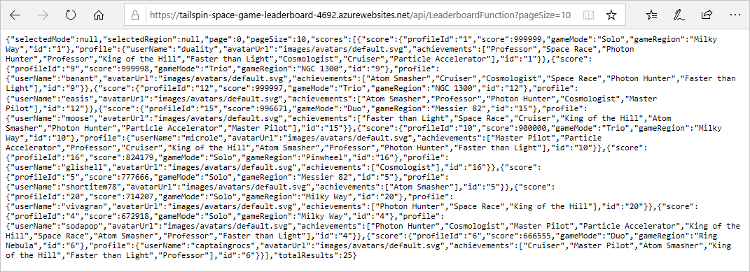 A screenshot of a web browser showing the JSON response from the leaderboard API Azure Functions app.