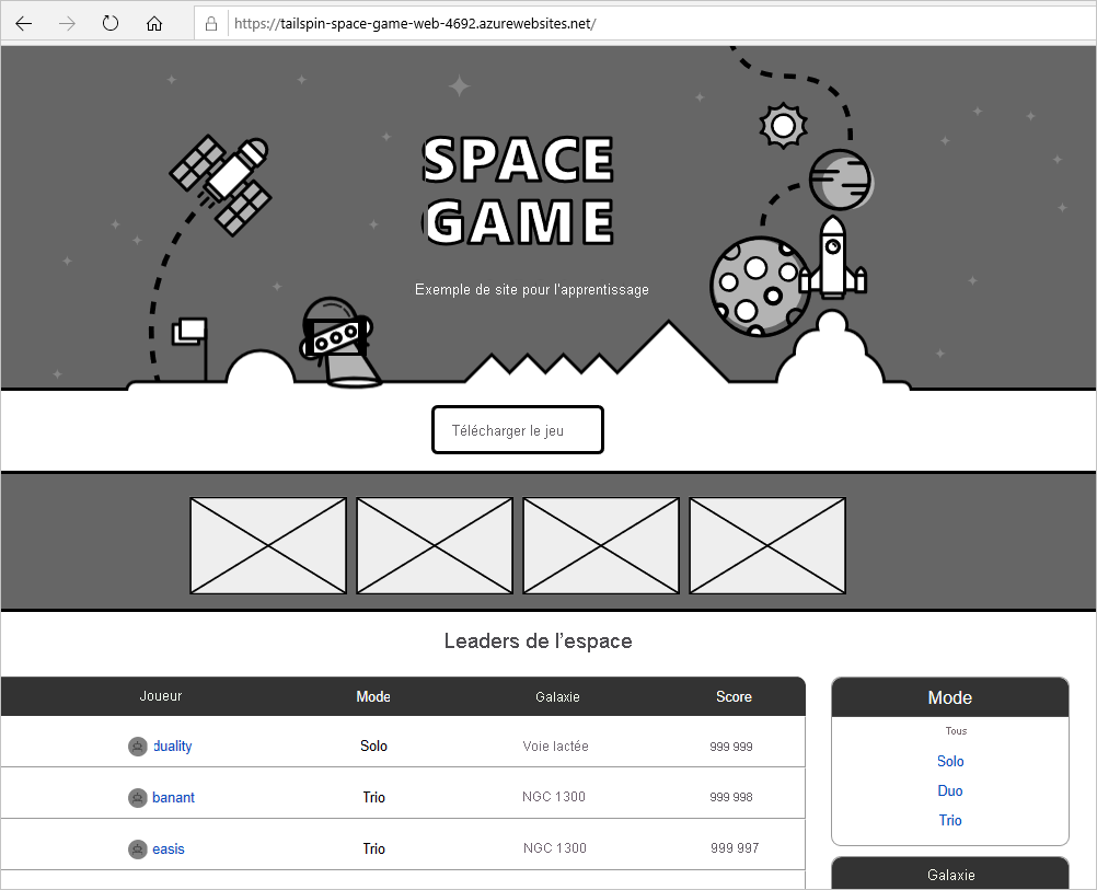 Capture d’écran du site web Space Game.