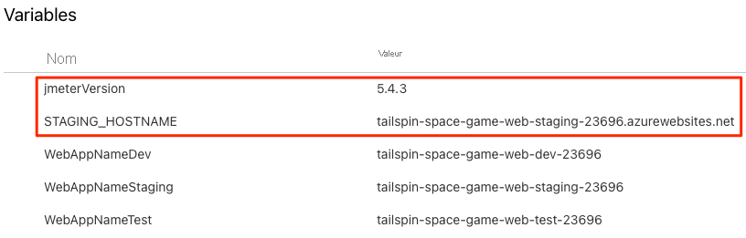 Screenshot of Azure Pipelines, showing the variable group. The group contains five variables.