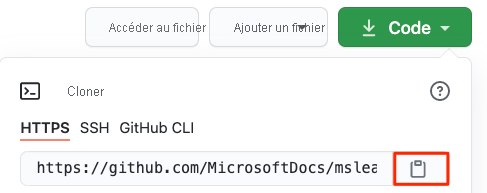 Capture d’écran de la recherche de l’URL et du bouton de copie dans le dépôt GitHub.