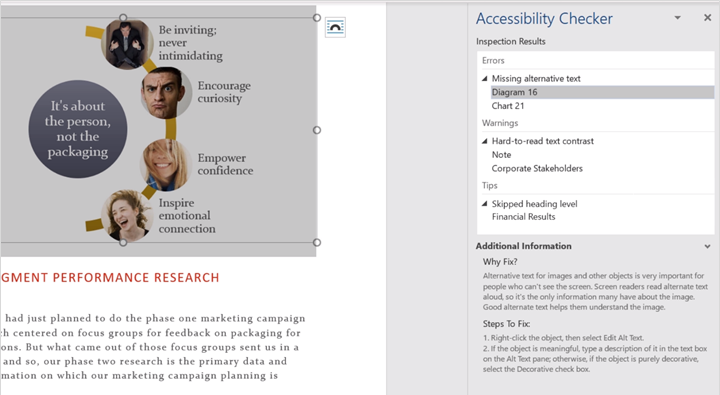 Screenshot of Accessibility Checker in Word showing an error for missing alternative text.