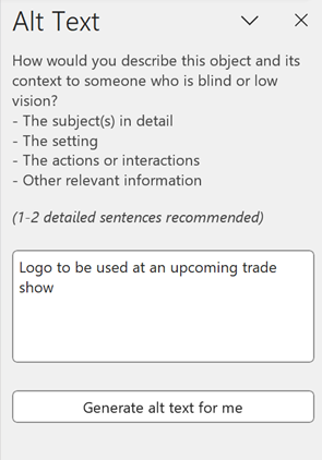 Screenshot of the Alt Text window with example image description highlighted.