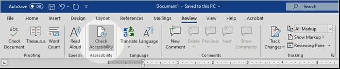 Screenshot of the Check Accessibility button highlighted in Word.